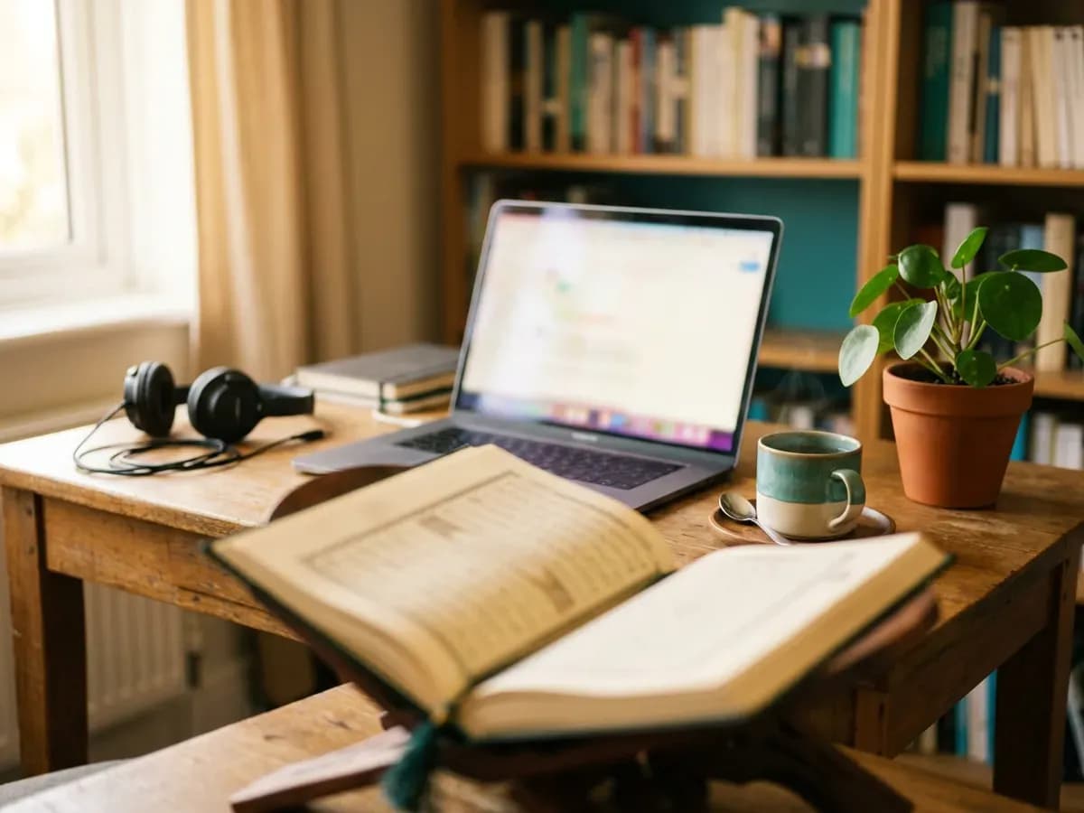A teacher's wooden desk in warm light with a laptop, a headset, an open Mushaf, a cup of tea and a small plant