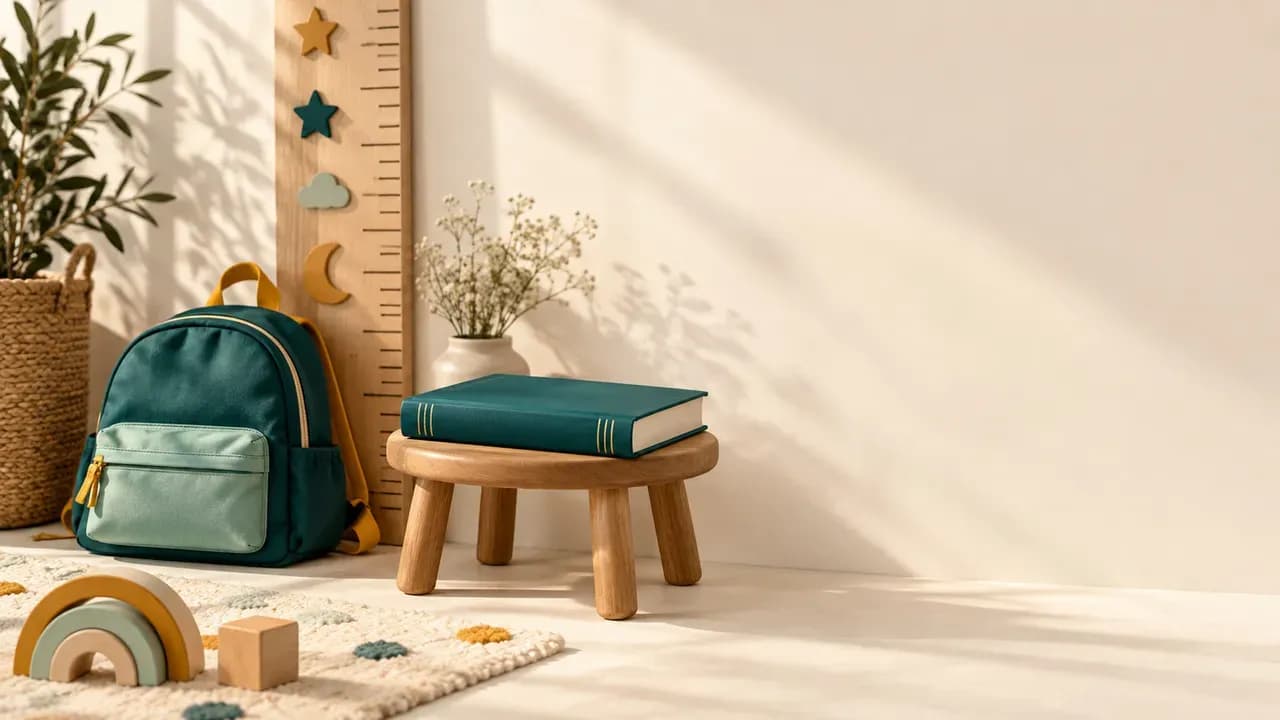 A child's teal backpack beside a wooden growth-chart ruler and a closed mushaf resting on a small wooden stool