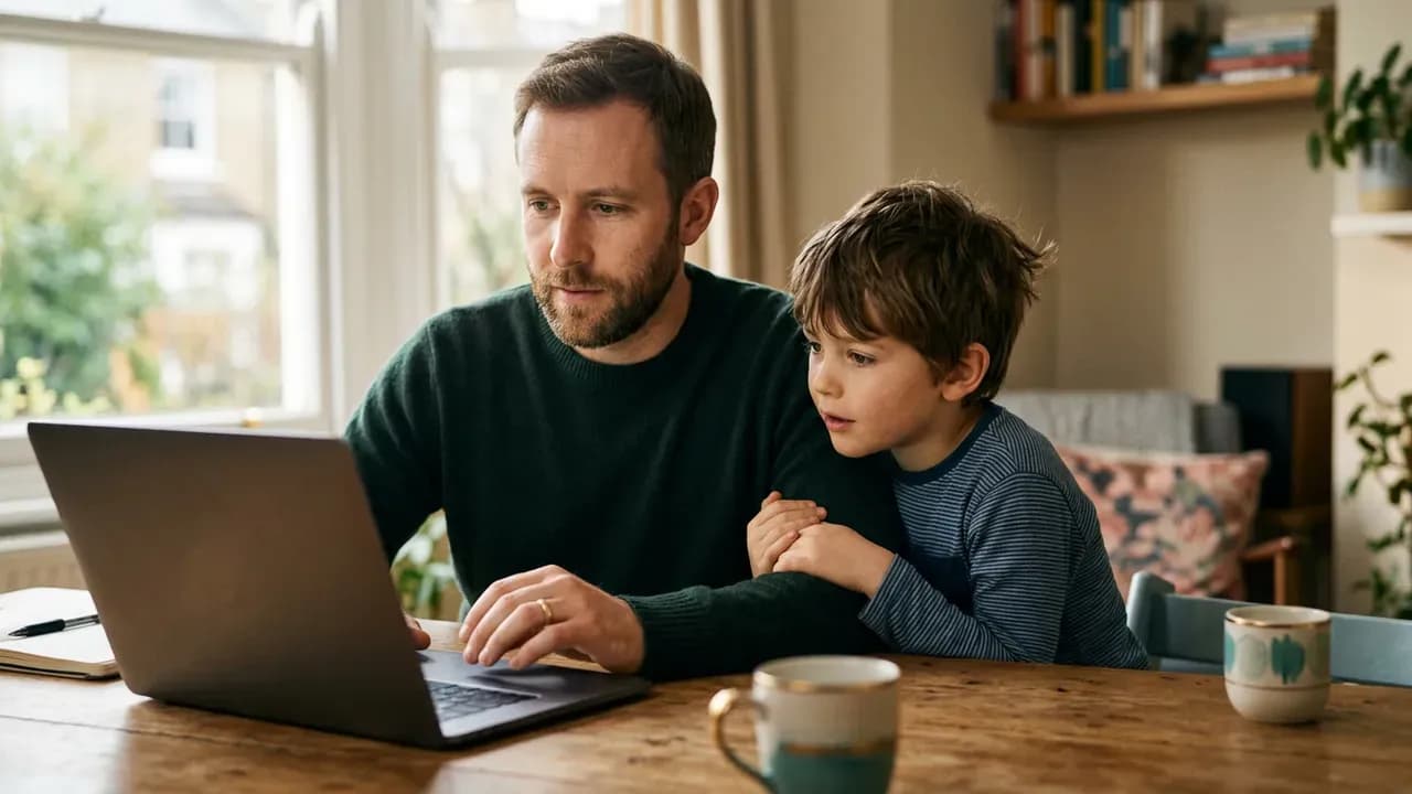 A father with a neat beard choosing an online teacher on a laptop at the dining table, his young son sitting close beside him
