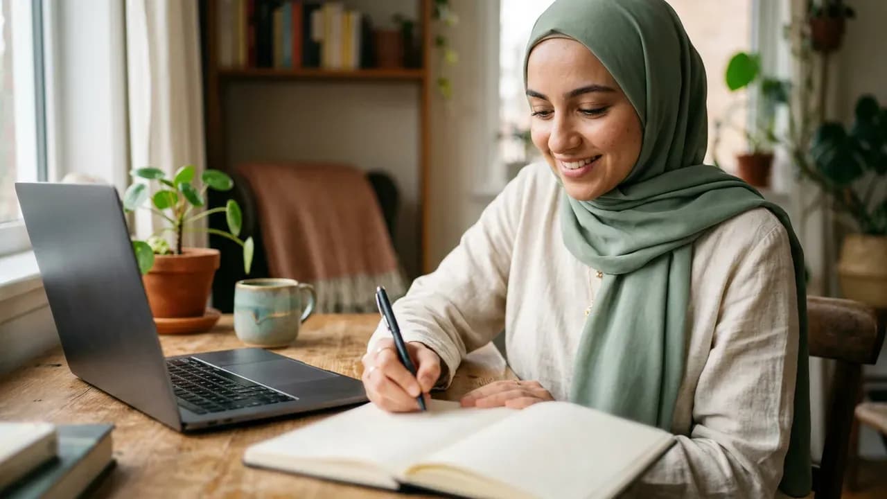 A smiling woman in a soft green hijab writing in a notebook at a home desk with a laptop beside her