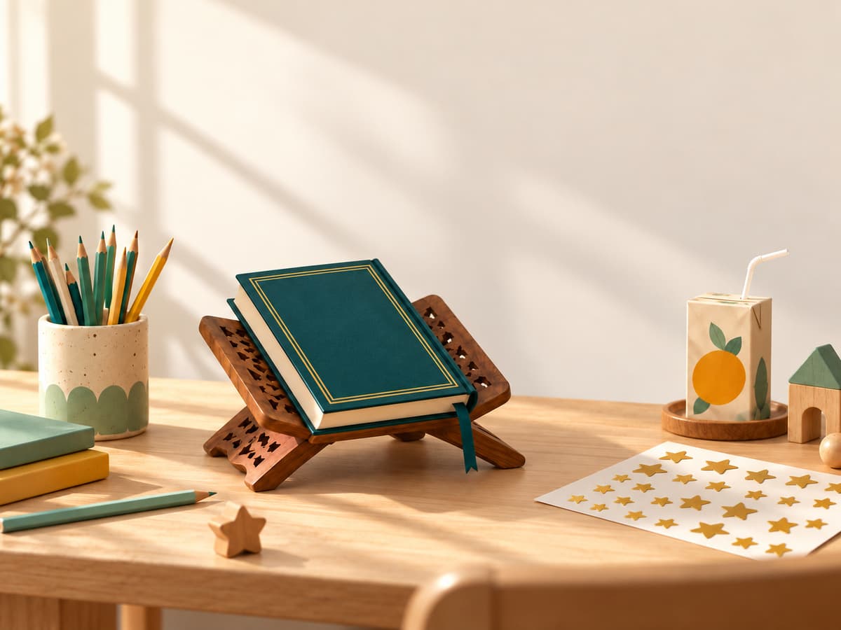 A child-sized desk with a closed teal Mushaf on a wooden stand, colored pencils, and a sheet of gold star stickers