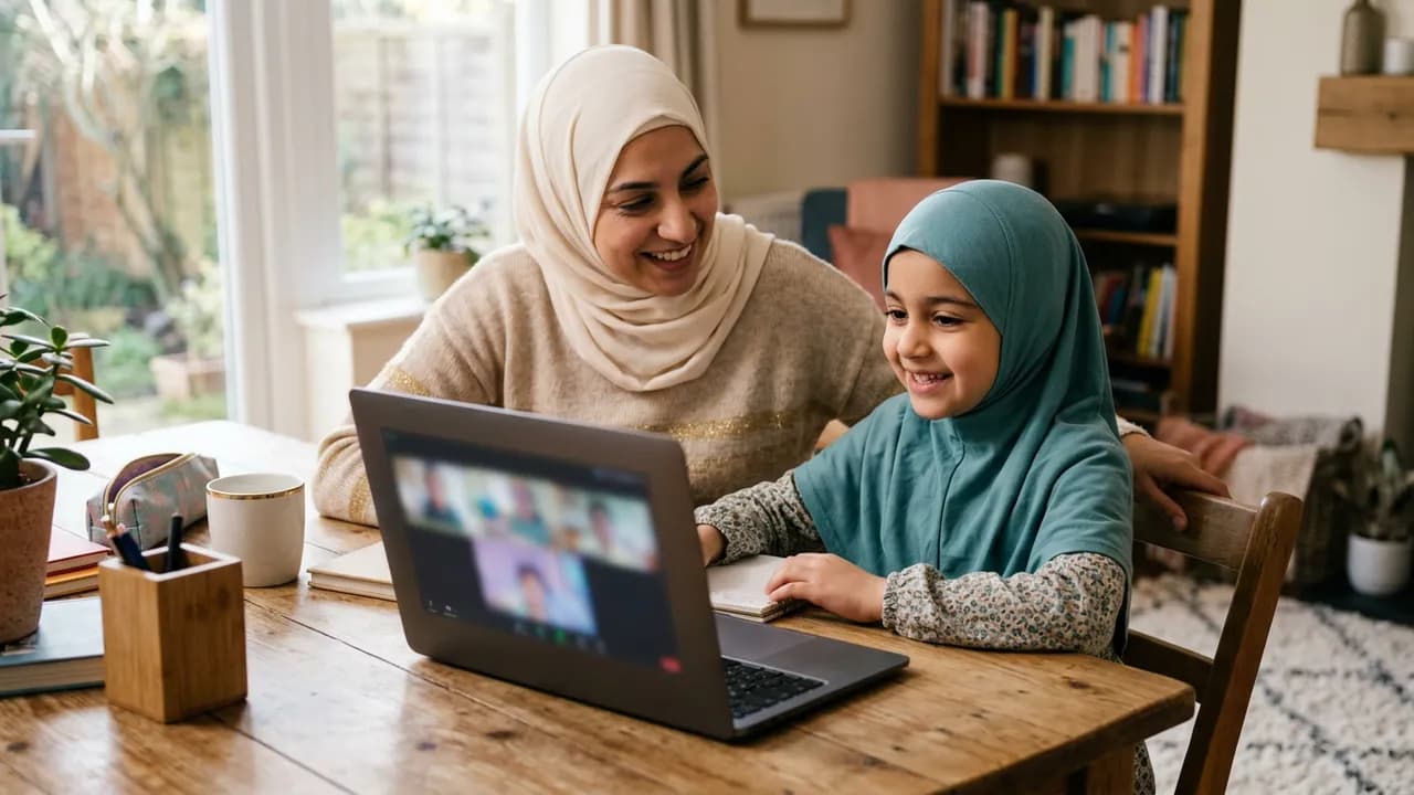 A young girl in a teal hijab smiling at a laptop during an online class at a wooden table, her mother in a cream hijab beside her