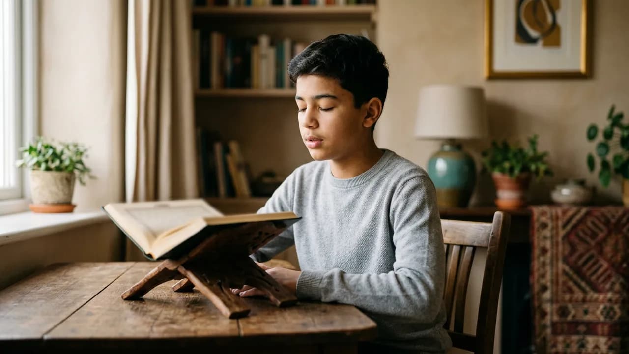 A teenage boy reciting quietly with his eyes closed at a wooden desk, an open Mushaf on a stand in front of him