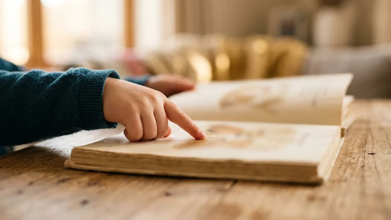 A child's finger pointing at a page of an open beginner's reading book on a wooden table