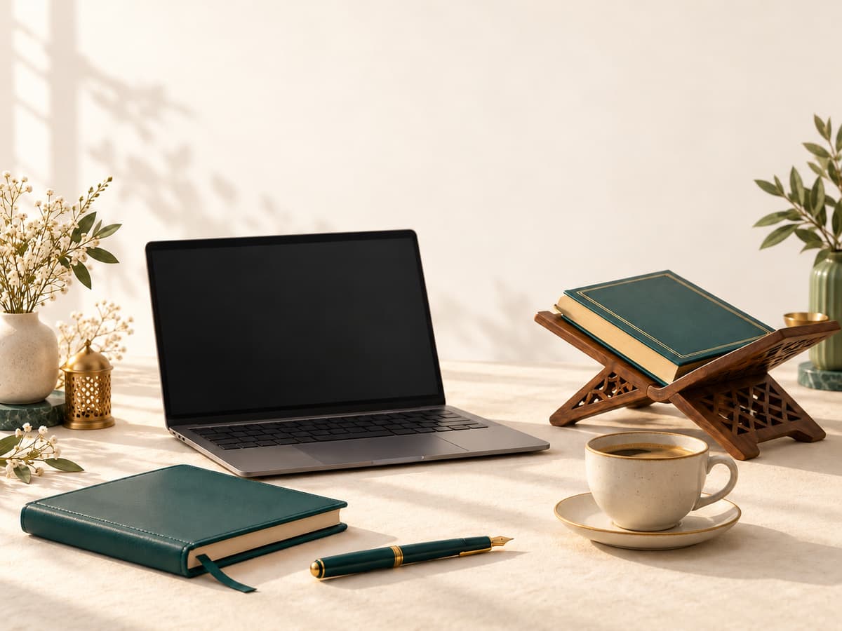 A tidy desk with a laptop, a closed Mushaf on a wooden stand, a notebook, and a cup of coffee