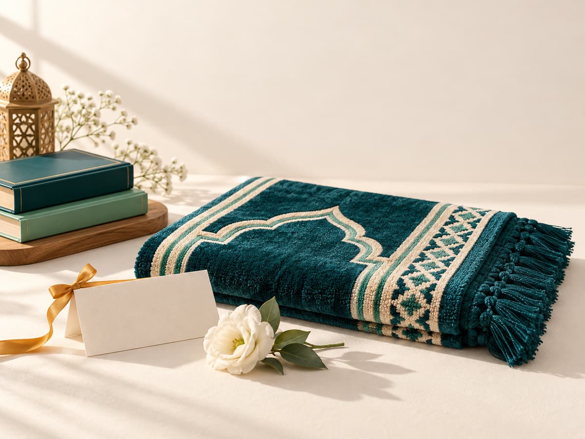 A new teal prayer mat, a closed Mushaf, and a small welcome card with a white flower