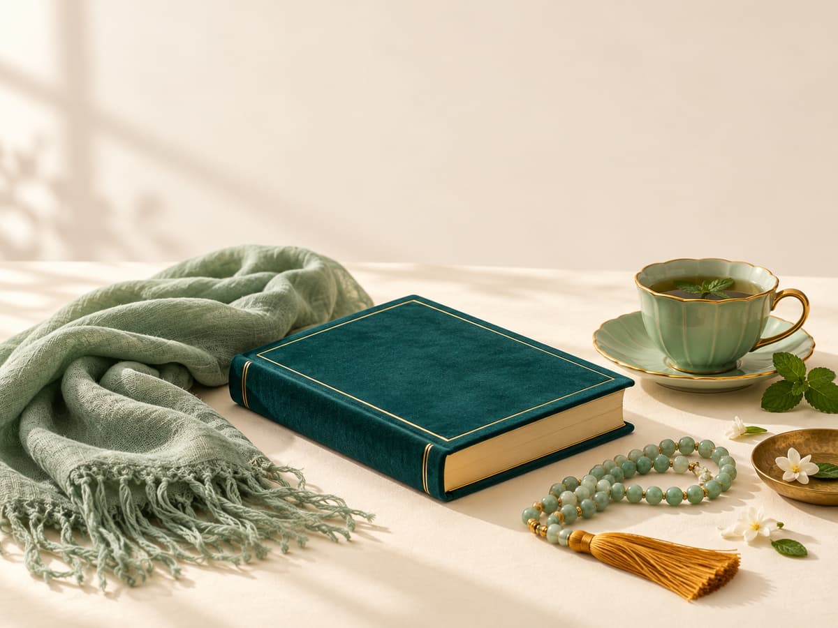 A soft sage scarf folded beside a closed teal Mushaf, prayer beads, and a cup of mint tea