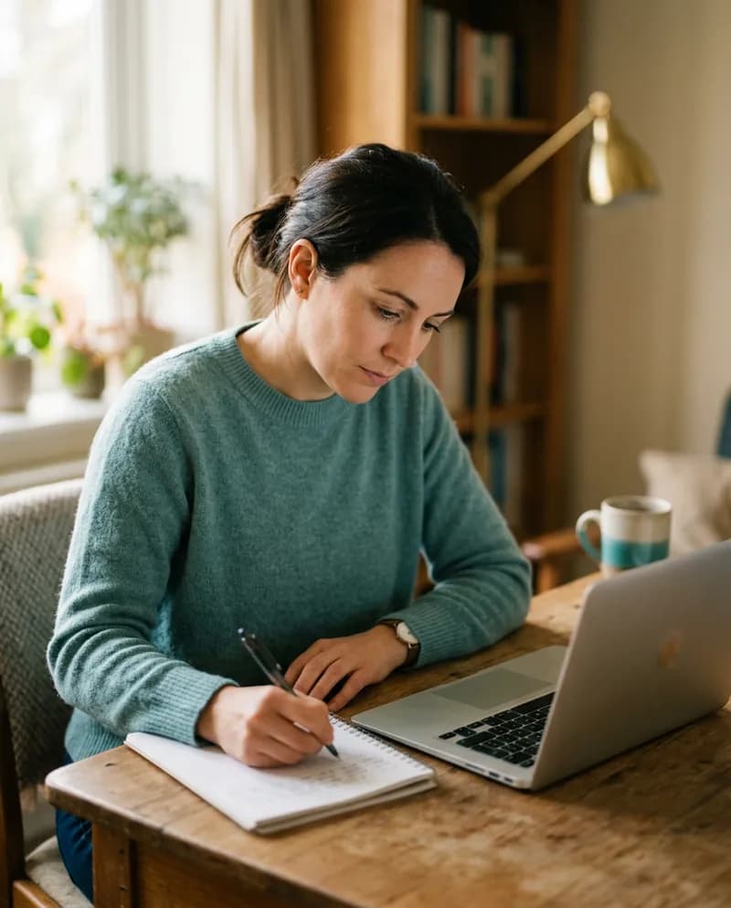 An adult student writing in a notebook beside a laptop at a home desk during an online Arabic lesson
