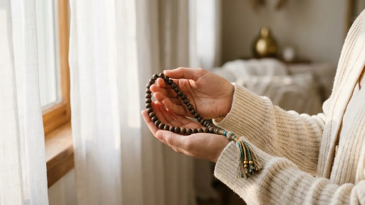 A young adult's hands holding wooden prayer beads near a sunlit window with sheer curtains