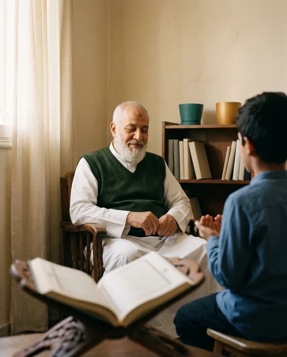 An older teacher with a neat white beard listening attentively with his eyes gently closed while a student recites from memory, an open Mushaf on a wooden stand softly out of focus in the foreground