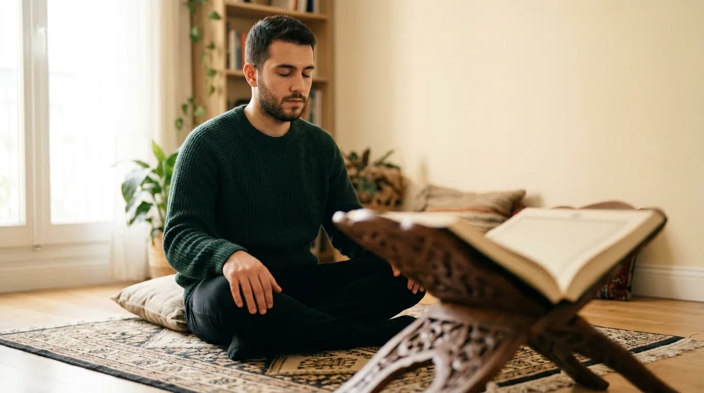 A young man in a green sweater sitting on a rug at home, reciting from memory with his eyes closed and hands resting on his knees, an open Mushaf on a wooden stand beside him
