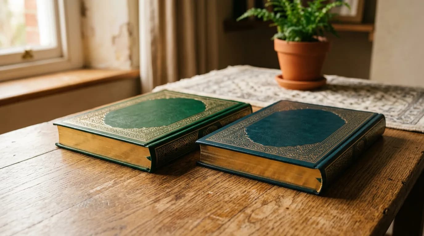 Two beautifully bound Mushaf copies, one deep green and one teal, lying closed side by side on a wooden table in soft window light