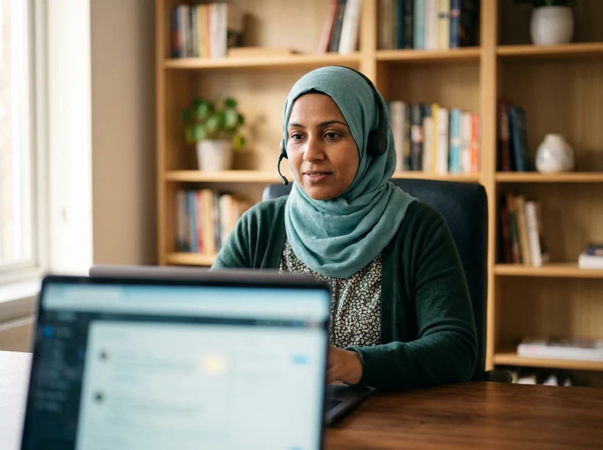 A female teacher in a teal hijab wearing a headset, listening carefully during an online lesson at a home desk with a laptop in the foreground