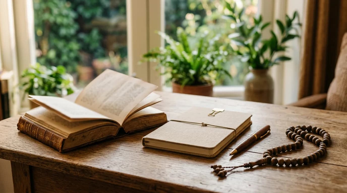 A small classical book, a notebook, a pen and wooden prayer beads resting on a wooden desk by a sunlit window