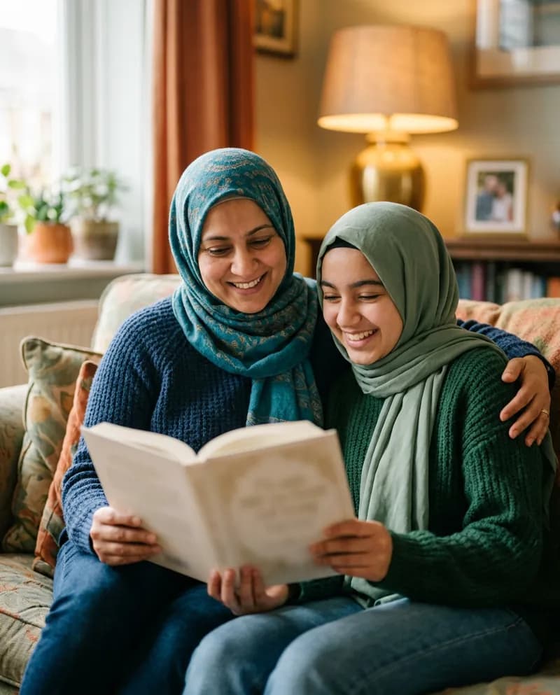 A mother and her teenage daughter, both in hijab, smiling as they read a book together on a living room sofa