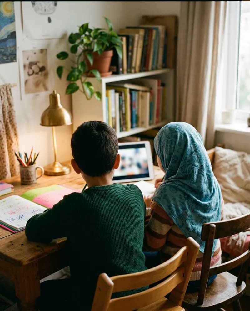 Two young siblings seen from behind, the girl in a teal hijab, sitting side by side at a desk with colorful notebooks and a tablet during an online class