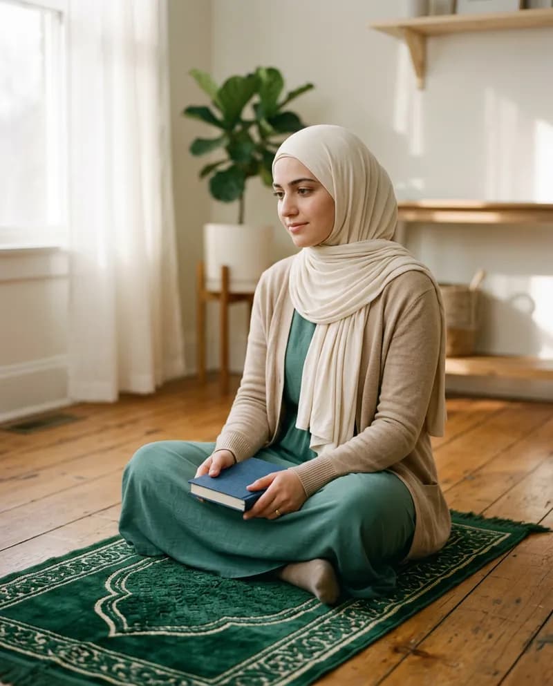 A young woman in a cream hijab sitting peacefully on a green prayer rug in a sunlit room, holding a small book with a gentle expression
