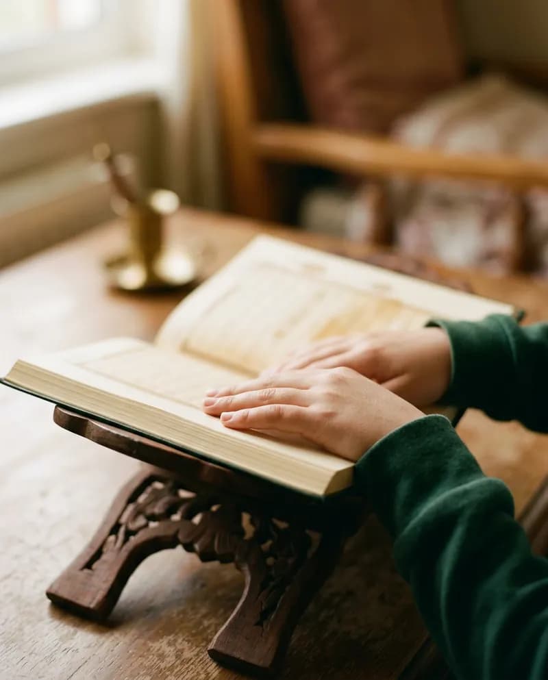 A young person's hands resting gently on an open Mushaf on a carved wooden stand in soft window light